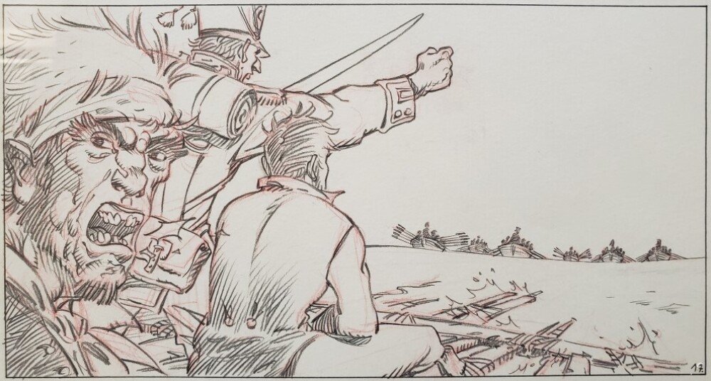 Une esquisse en noir et blanc de la BD visible &agrave; l'exposition